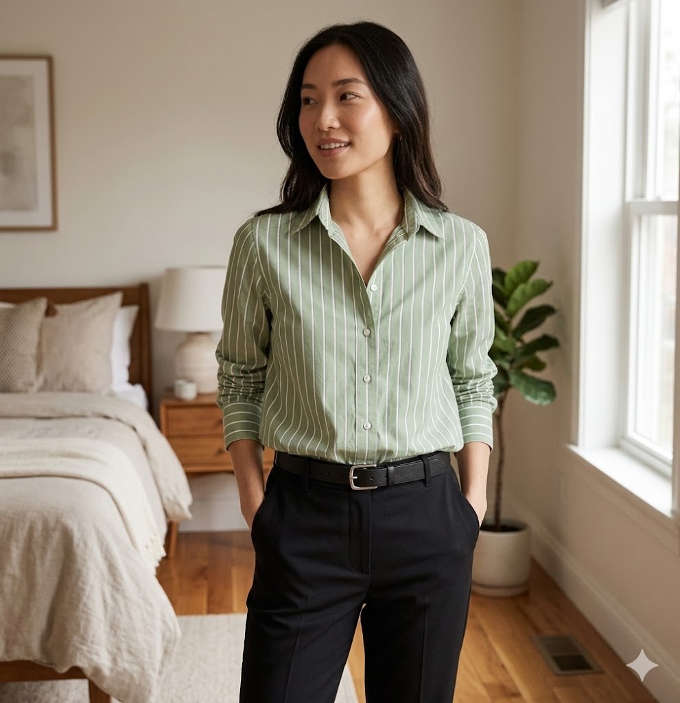 Women's professional outfit styled with tailored trousers