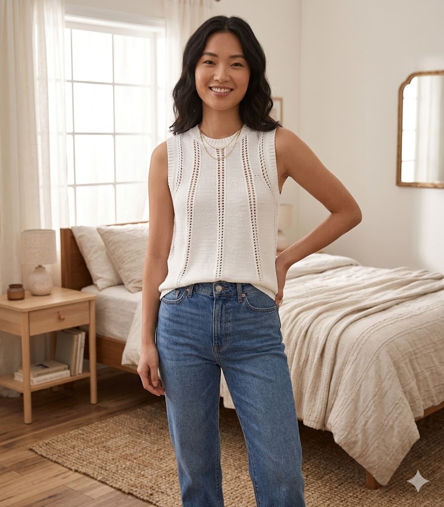Close-up of cream white pointelle sweater vest texture